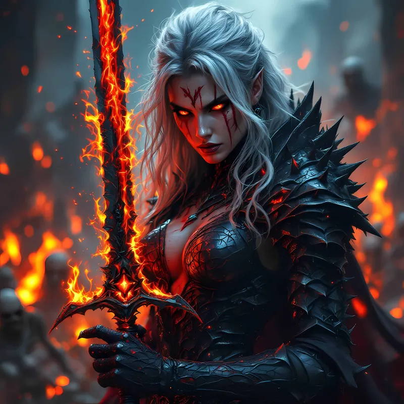 A Chaos Horde warrior with glowing eyes and a burning sword