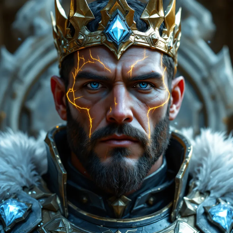 A crowned Guardian king in frost-lit armor