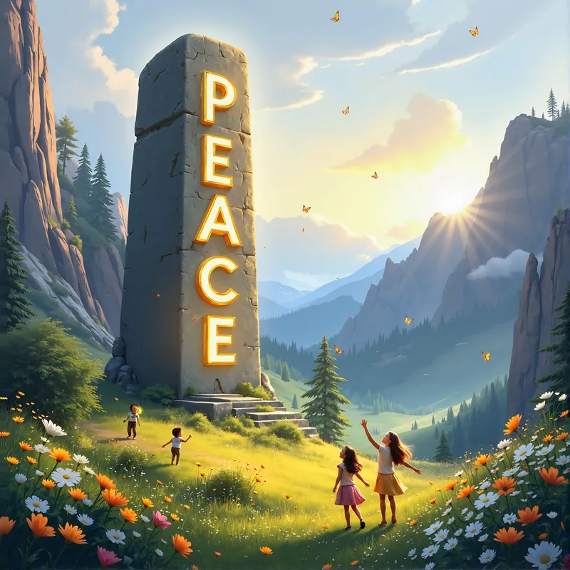The Totem of Peace, a stone monolith glowing with the word PEACE above children playing in a flower meadow