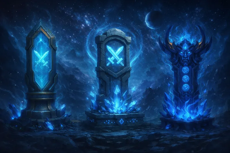 A Guardian Totem glowing blue under a starry sky