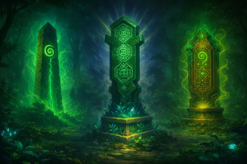 The Trinari Totem, a carved green stone glowing in a dark forest
