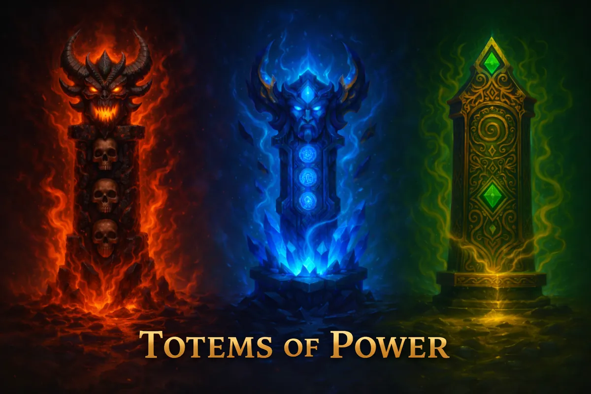 The three faction Totems side by side, Chaos in flame, Guardian in blue crystal, and Trinari in green light, above the words Totems of Power