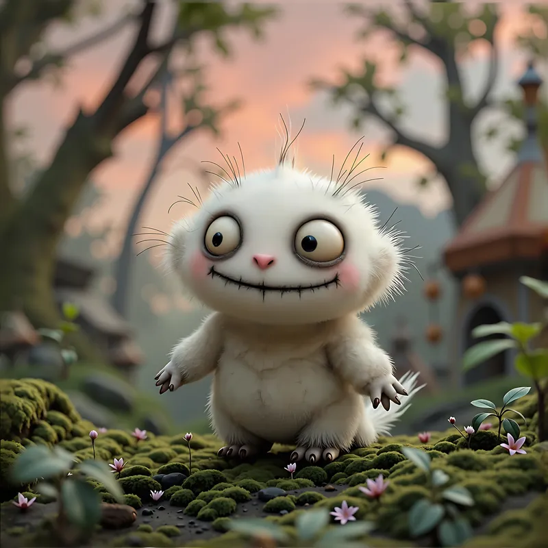 A fluffy white Trinari in a sunny forest