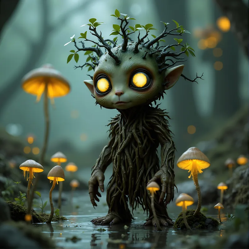 A small Trinari made of roots and moss, standing among glowing mushrooms