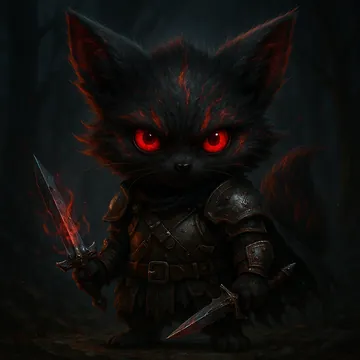 A small black shadow cat Elderborn with glowing red eyes, holding two daggers