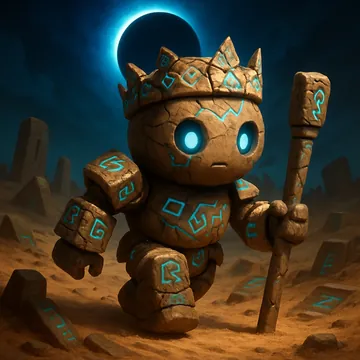 A sandstone Elderborn with glowing turquoise runes, a carved stone crown and a stone staff
