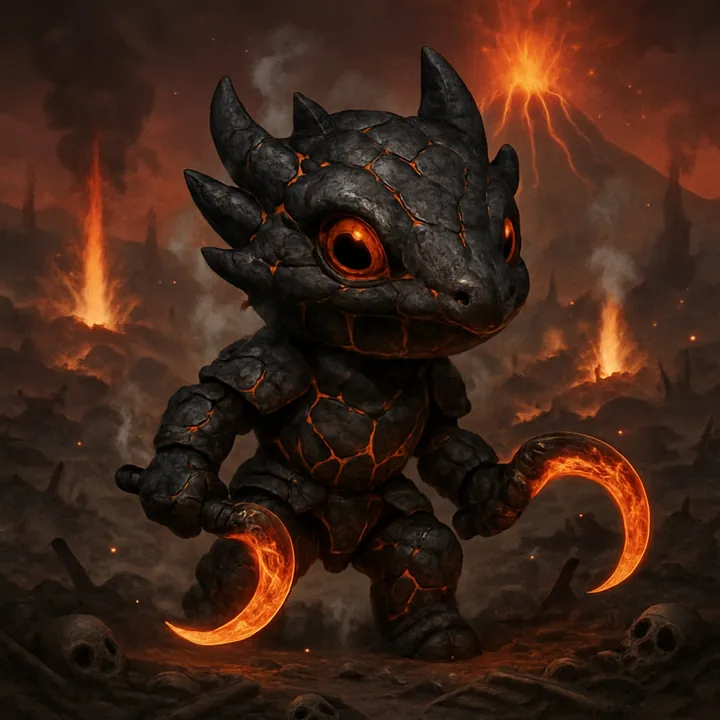 A little obsidian Elderborn dragon with glowing lava cracks and two fiery sickles, in front of a volcano