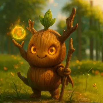 A smiling wooden Elderborn sprout with a leaf on its head, a twig staff and a glowing orb