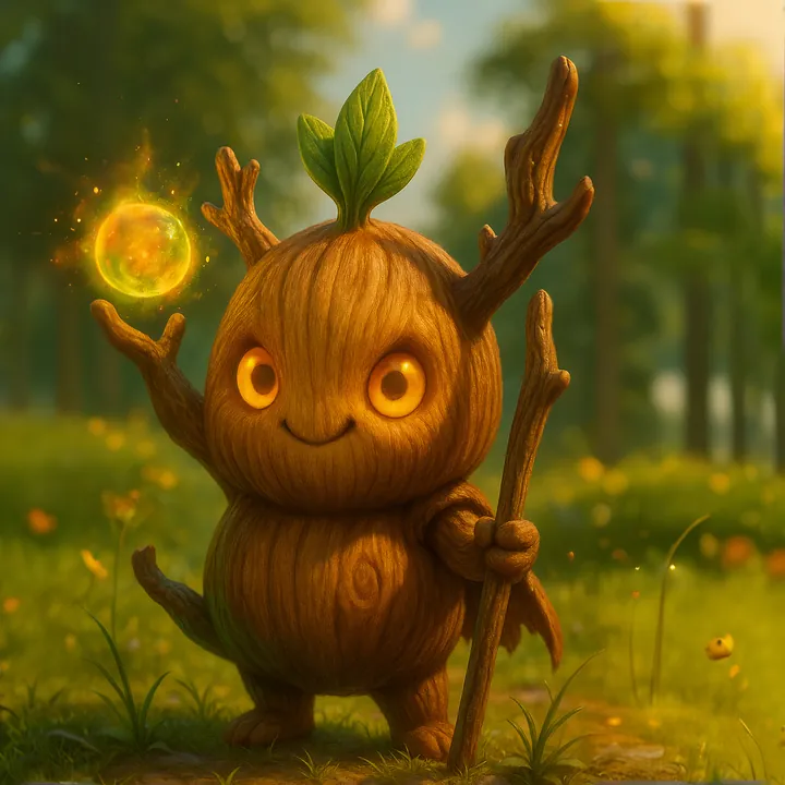 A cheerful wooden Elderborn sprout holding a glowing staff