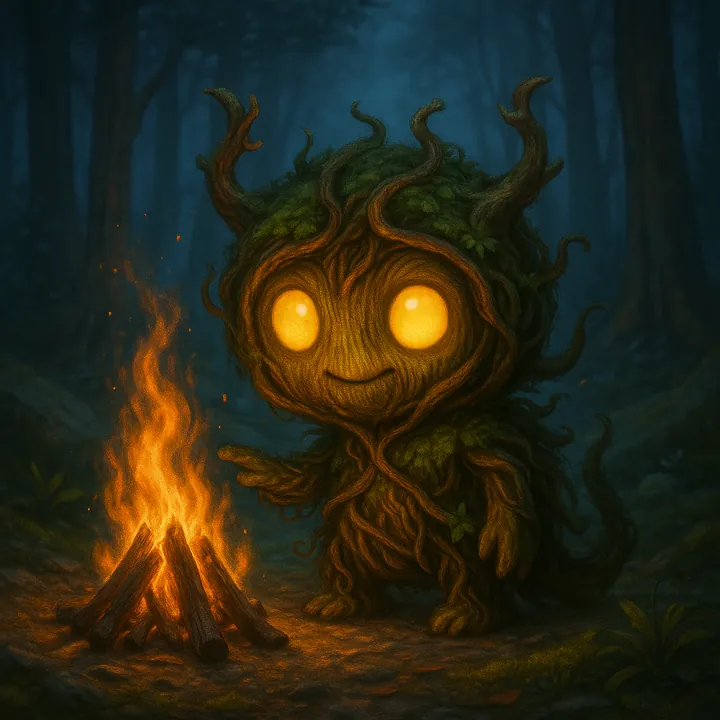 A mossy Elderborn made of roots, with glowing eyes, beside a campfire in a dark forest