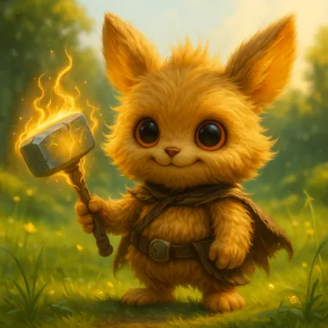 A fluffy golden Elderborn with big round eyes, holding a flaming hammer in a sunny meadow