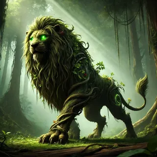 Moss-maned lion with green eyes in a sunlit forest
