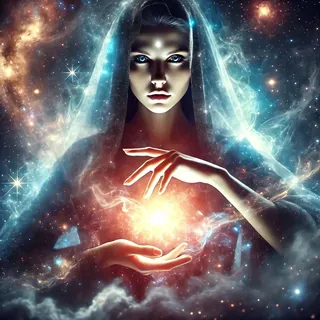 Cosmic sorceress cradling a star between her hands