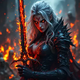 White-haired warrior with a burning sword