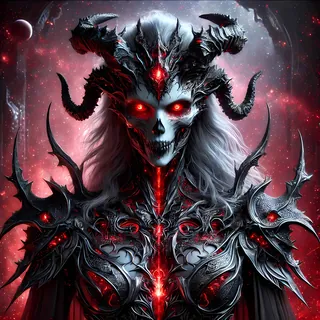 Horned, skull-faced demon in red and black armor