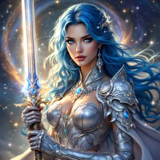 Blue-haired warrior in silver armor holding a glowing sword