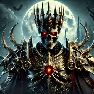 Skull-faced king in a spiked crown under a full moon