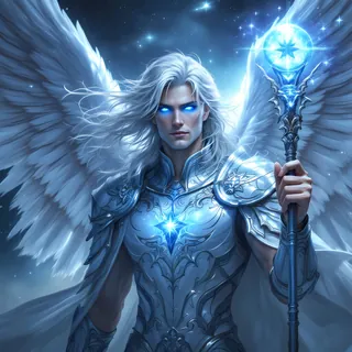 Winged, silver-haired angel with a glowing staff
