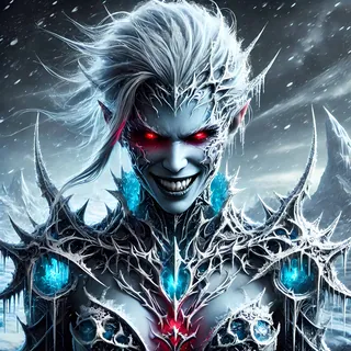 Grinning, pale-skinned warrior in icy armor