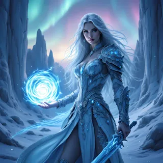 Frost maiden holding an orb of ice under the northern lights
