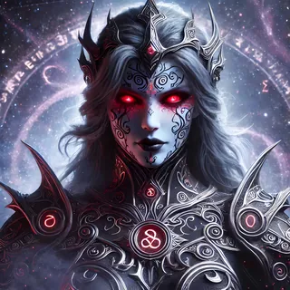 Pale, masked warden with red eyes in silver armor