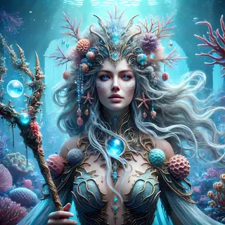 Sea queen with a coral crown and a pearl-topped staff