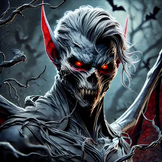 Grey ghoul with red eyes and pointed ears