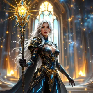Silver-haired warrior with a golden sun staff in a bright cathedral