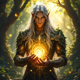 Forest elf holding a golden spiral of light