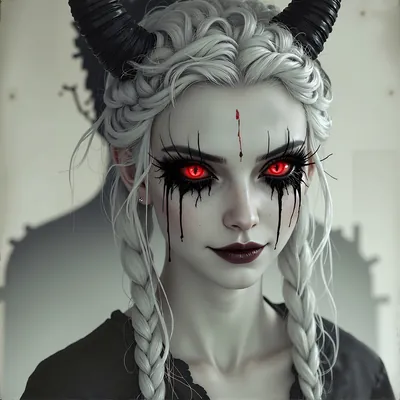 Pale, horned woman with red eyes and black tears