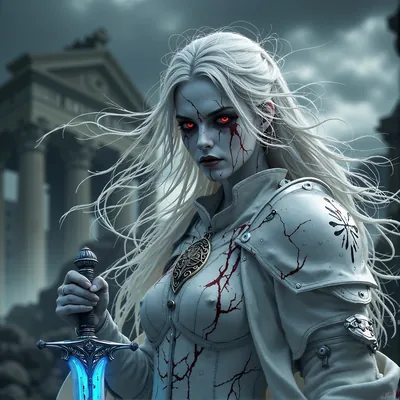 Pale, white-haired warrior with red eyes and a glowing blue sword