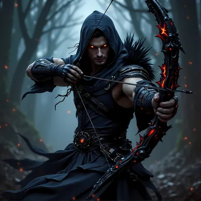 Hooded archer drawing a bow lit with red embers