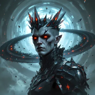 Spike-crowned pale figure in front of a glowing portal