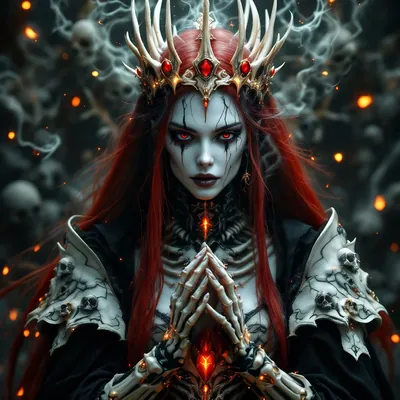 Red-haired priestess in a crown of bone with her hands clasped