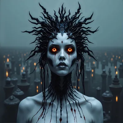 Pale figure with spiky black hair and burning eyes among candles