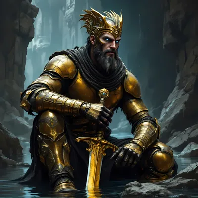 Gold-armored warrior kneeling with a golden sword
