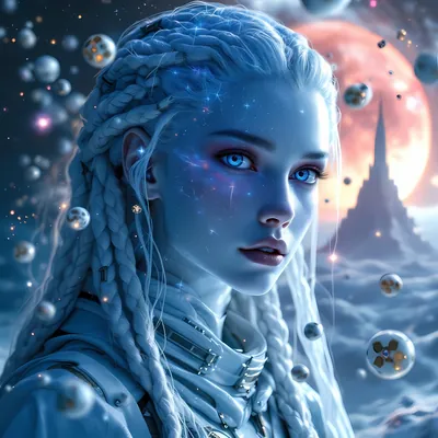 Blue-skinned woman with braided hair among floating orbs