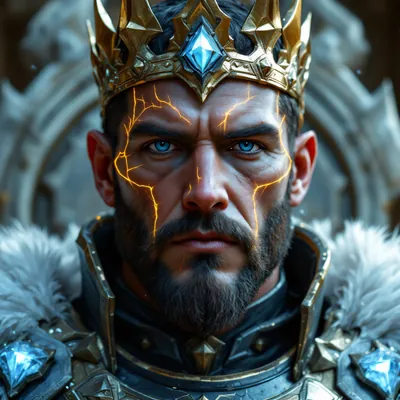 Crowned, bearded king with glowing cracks across his face