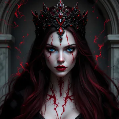Crowned woman with dark red hair and glowing red veins