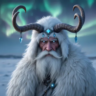 Horned, white-bearded elder in white fur under the northern lights