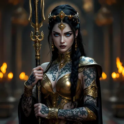 Tattooed warrior in gold armor holding a golden trident