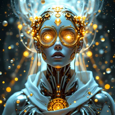 Biomechanical figure with glowing golden goggles