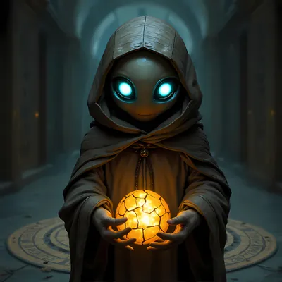 Small hooded figure holding a glowing orb