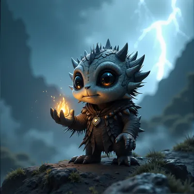Spiky little creature holding a flame as lightning strikes behind it