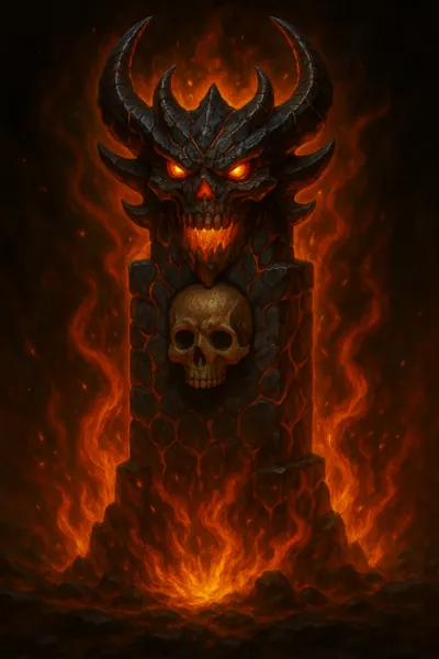 Horned demon head atop a cracked stone pillar wrapped in flames
