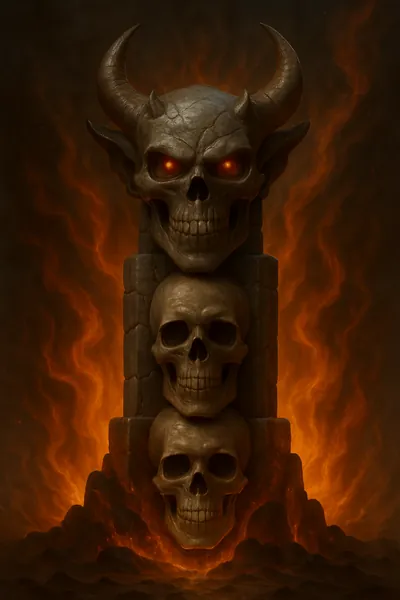 Tower of horned skulls rising out of the fire