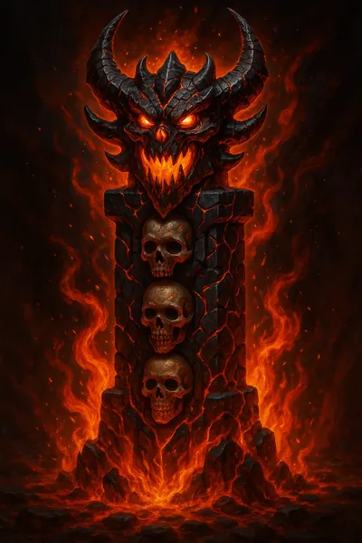 Snarling horned idol stacked with skulls above a lava field
