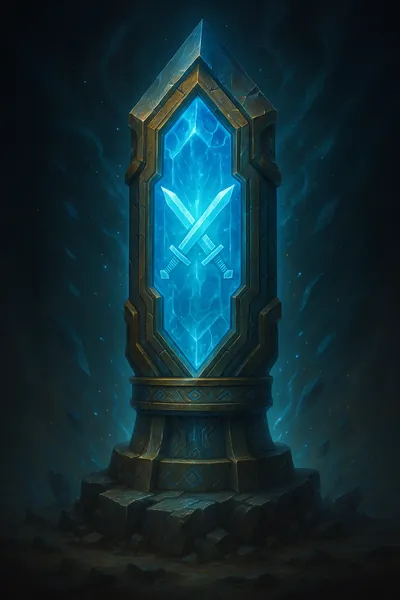 Blue crystal monolith marked with crossed swords