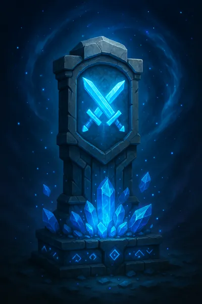 Stone pillar with crossed swords above a bed of blue crystals