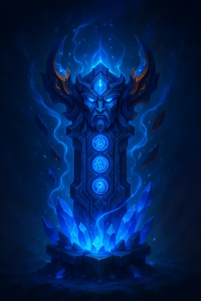 Pillar crowned with a stern carved face, wreathed in blue flame